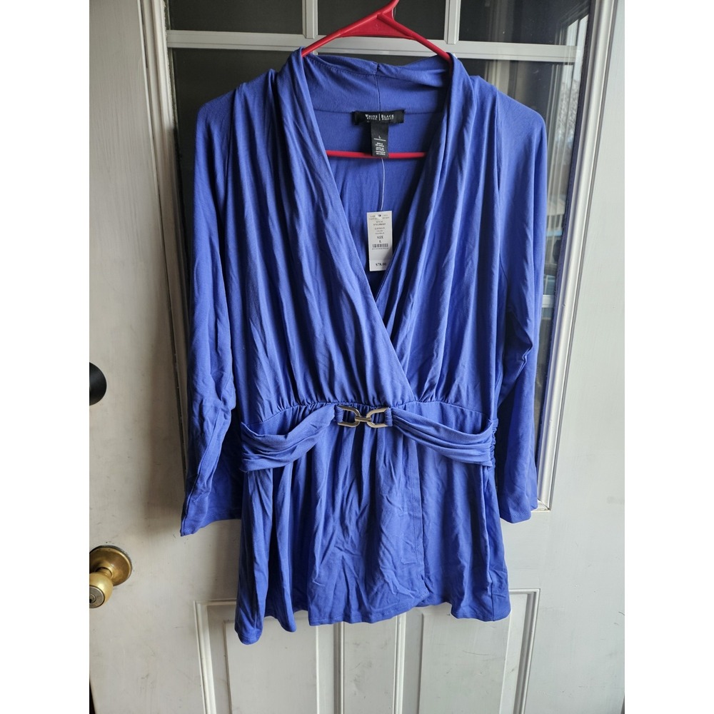 White House Black Market Purple Surplice Buckle Blouse Top NWT Large 570108020